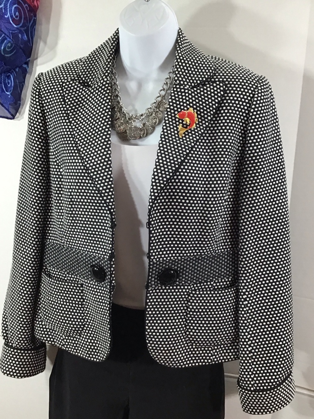 WHBM black and white polka dot textured woven blazer jacket 8